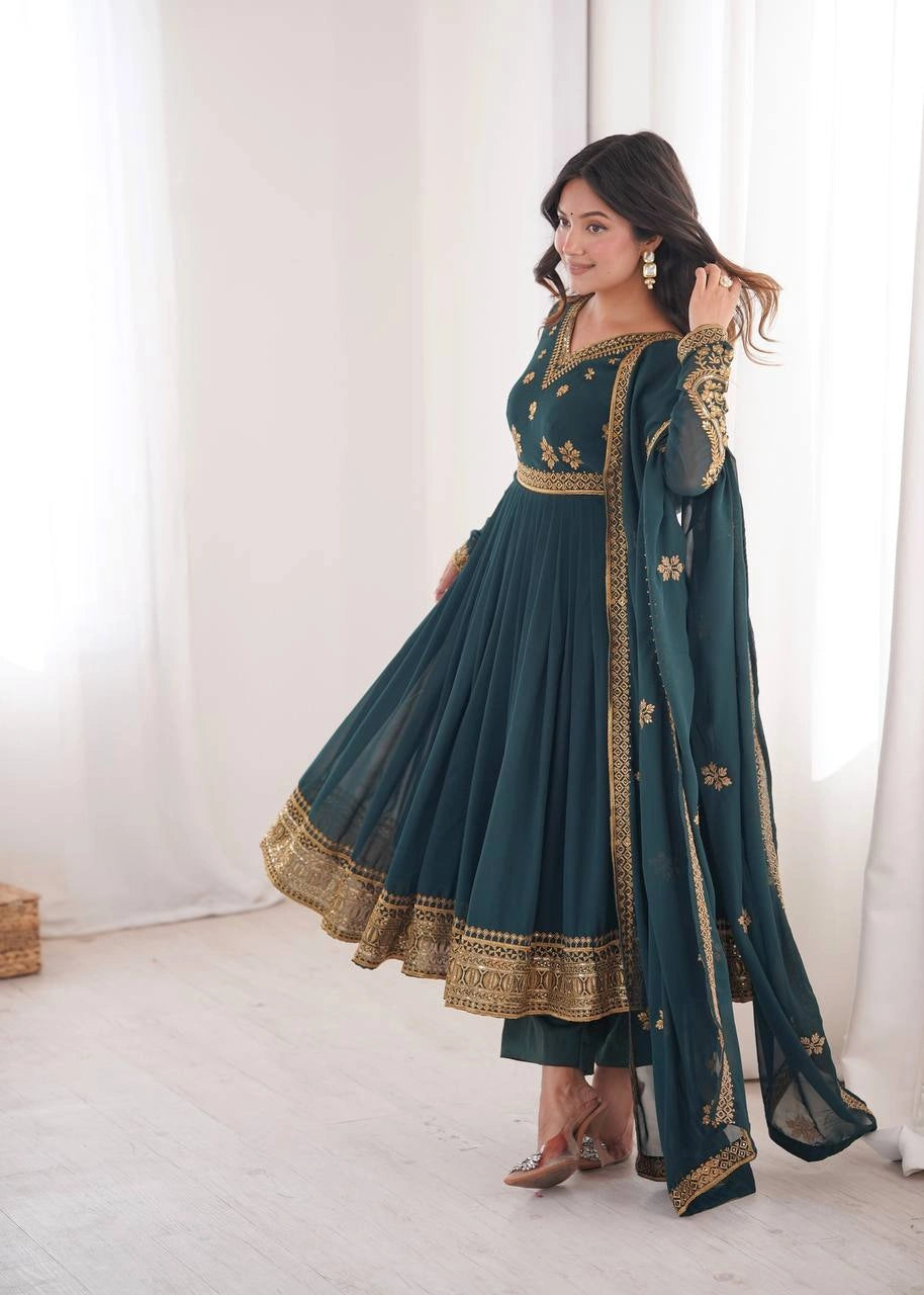 Peacock Green Sequins Embroidered Suit – Anarkali Pant Set with Dupatta Kalyanja